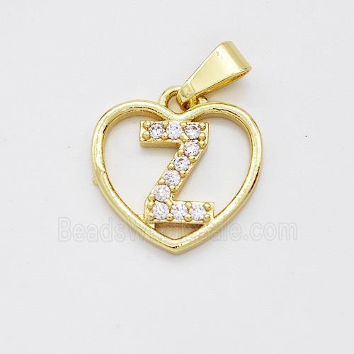 Copper Heart Pendant Pave Zirconia Letter-Z Gold Plated