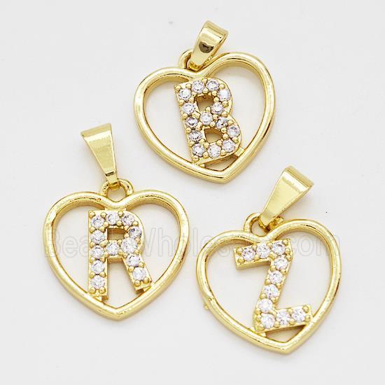 Copper Heart Alphabet Pendant Pave Zirconia Mix Letters Gold Plated