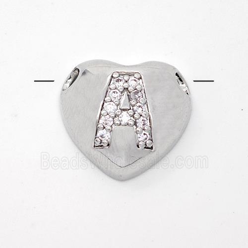 Copper Heart Pendant Pave Zirconia Letter-A Large Hole Platinum Plated