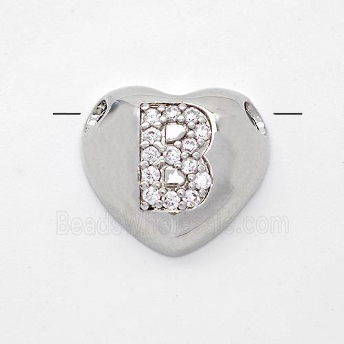 Copper Heart Pendant Pave Zirconia Letter-B Large Hole Platinum Plated