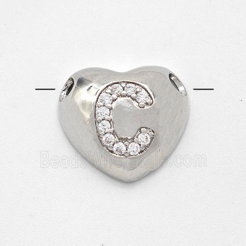 Copper Heart Pendant Pave Zirconia Letter-C Large Hole Platinum Plated