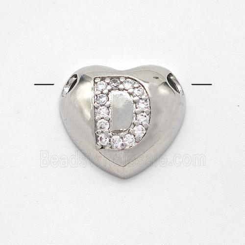 Copper Heart Pendant Pave Zirconia Letter-D Large Hole Platinum Plated