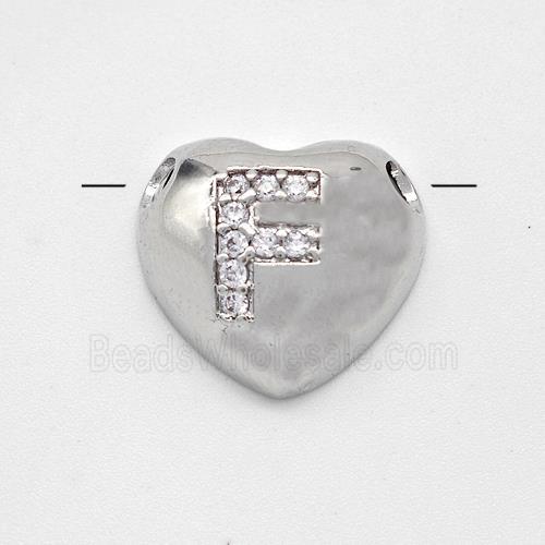 Copper Heart Pendant Pave Zirconia Letter-F Large Hole Platinum Plated