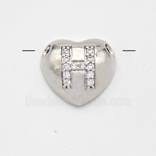 Copper Heart Pendant Pave Zirconia Letter-H Large Hole Platinum Plated