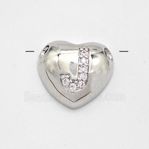 Copper Heart Pendant Pave Zirconia Letter-J Large Hole Platinum Plated