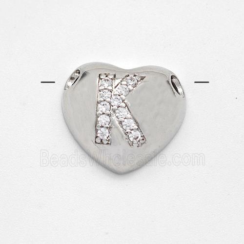 Copper Heart Pendant Pave Zirconia Letter-K Large Hole Platinum Plated