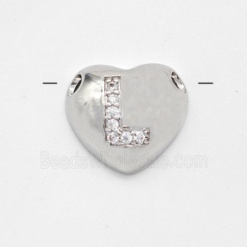 Copper Heart Pendant Pave Zirconia Letter-L Large Hole Platinum Plated