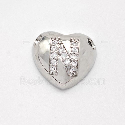 Copper Heart Pendant Pave Zirconia Letter-N Large Hole Platinum Plated