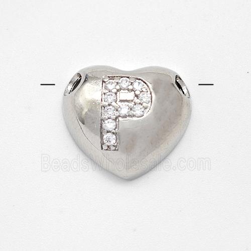 Copper Heart Pendant Pave Zirconia Letter-P Large Hole Platinum Plated