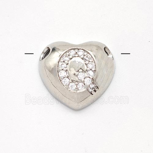 Copper Heart Pendant Pave Zirconia Letter-Q Large Hole Platinum Plated