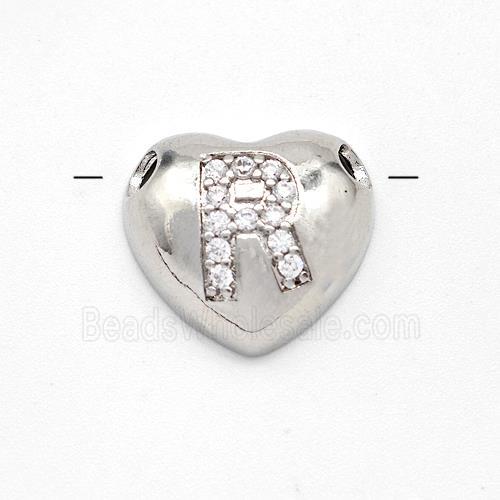 Copper Heart Pendant Pave Zirconia Letter-R Large Hole Platinum Plated