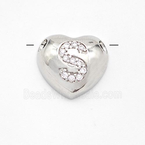 Copper Heart Pendant Pave Zirconia Letter-S Large Hole Platinum Plated