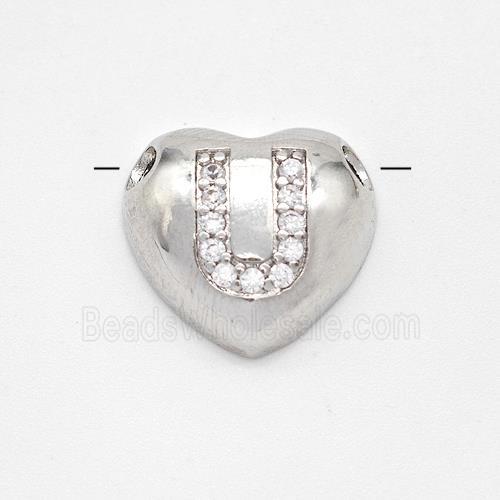 Copper Heart Pendant Pave Zirconia Letter-U Large Hole Platinum Plated