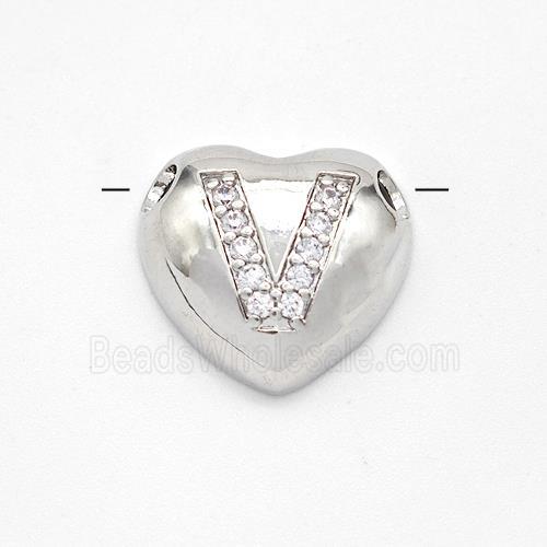 Copper Heart Pendant Pave Zirconia Letter-V Large Hole Platinum Plated