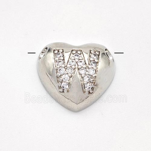 Copper Heart Pendant Pave Zirconia Letter-W Large Hole Platinum Plated
