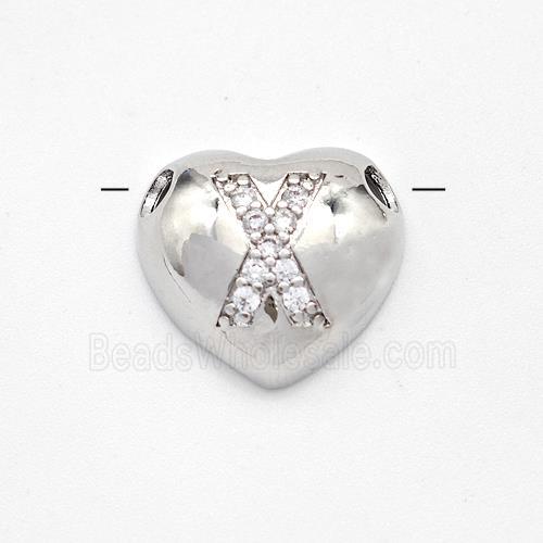 Copper Heart Pendant Pave Zirconia Letter-X Large Hole Platinum Plated