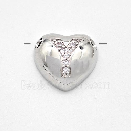 Copper Heart Pendant Pave Zirconia Letter-Y Large Hole Platinum Plated