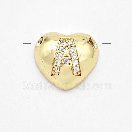 Copper Heart Pendant Pave Zirconia Letter-A Large Hole Gold Plated