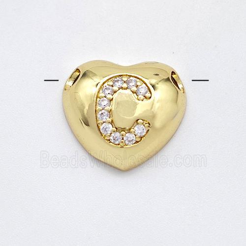 Copper Heart Pendant Pave Zirconia Letter-C Large Hole Gold Plated