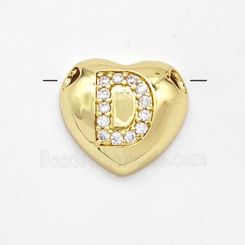 Copper Heart Pendant Pave Zirconia Letter-D Large Hole Gold Plated