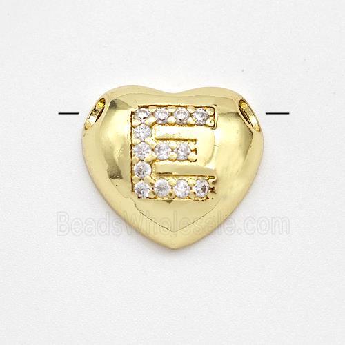 Copper Heart Pendant Pave Zirconia Letter-E Large Hole Gold Plated