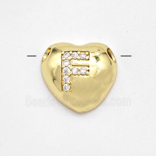 Copper Heart Pendant Pave Zirconia Letter-F Large Hole Gold Plated