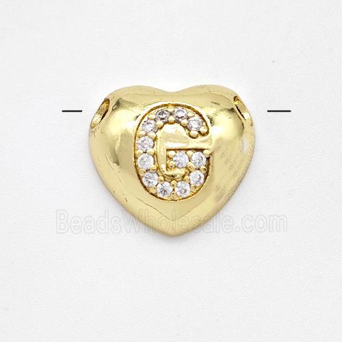 Copper Heart Pendant Pave Zirconia Letter-G Large Hole Gold Plated