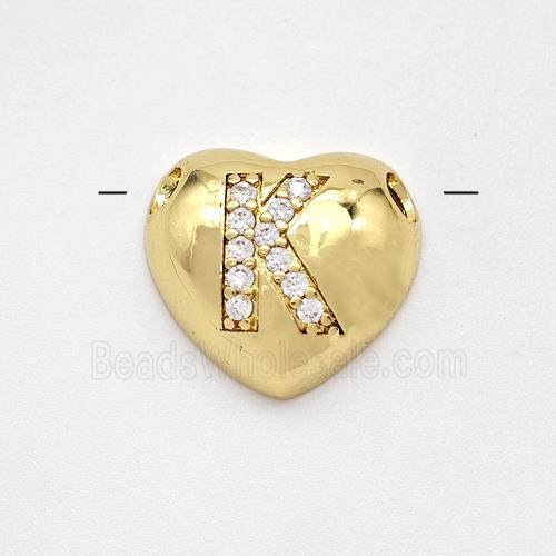 Copper Heart Pendant Pave Zirconia Letter-K Large Hole Gold Plated