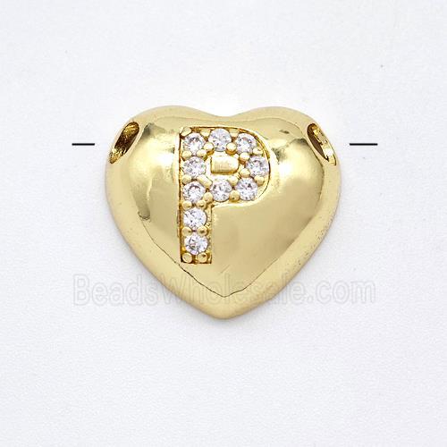 Copper Heart Pendant Pave Zirconia Letter-P Large Hole Gold Plated