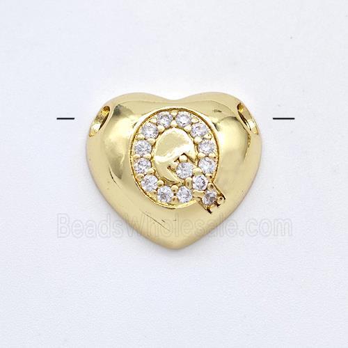 Copper Heart Pendant Pave Zirconia Letter-Q Large Hole Gold Plated