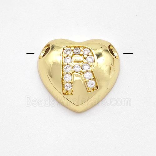 Copper Heart Pendant Pave Zirconia Letter-R Large Hole Gold Plated