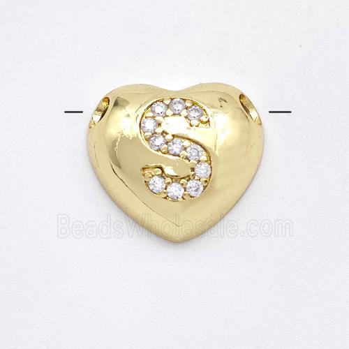 Copper Heart Pendant Pave Zirconia Letter-S Large Hole Gold Plated