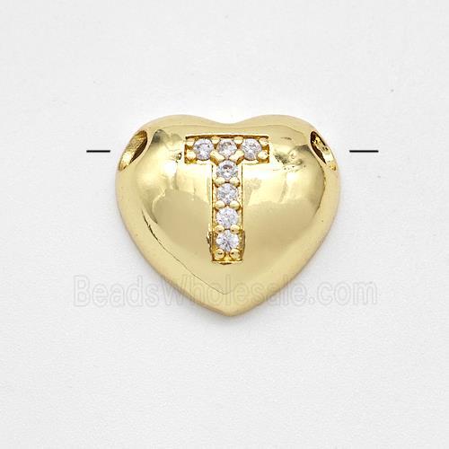 Copper Heart Pendant Pave Zirconia Letter-T Large Hole Gold Plated