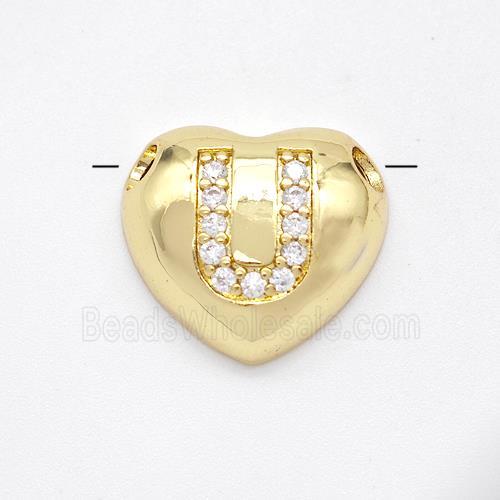 Copper Heart Pendant Pave Zirconia Letter-U Large Hole Gold Plated