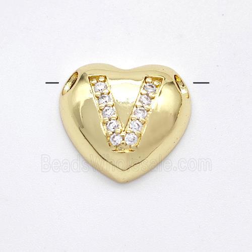 Copper Heart Pendant Pave Zirconia Letter-V Large Hole Gold Plated