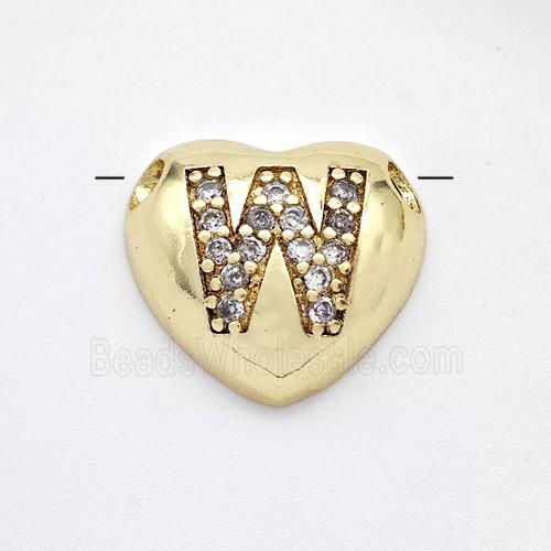 Copper Heart Pendant Pave Zirconia Letter-W Large Hole Gold Plated
