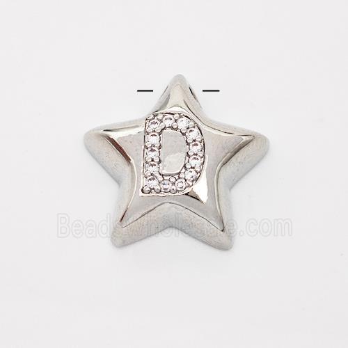Copper Star Pendant Pave Zirconia Letter-D Large Hole Platinum Plated