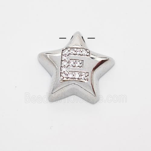 Copper Star Pendant Pave Zirconia Letter-E Large Hole Platinum Plated