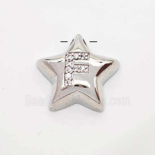 Copper Star Pendant Pave Zirconia Letter-F Large Hole Platinum Plated