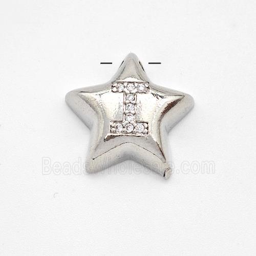 Copper Star Pendant Pave Zirconia Letter-I Large Hole Platinum Plated