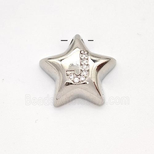 Copper Star Pendant Pave Zirconia Letter-J Large Hole Platinum Plated