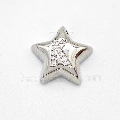 Copper Star Pendant Pave Zirconia Letter-K Large Hole Platinum Plated
