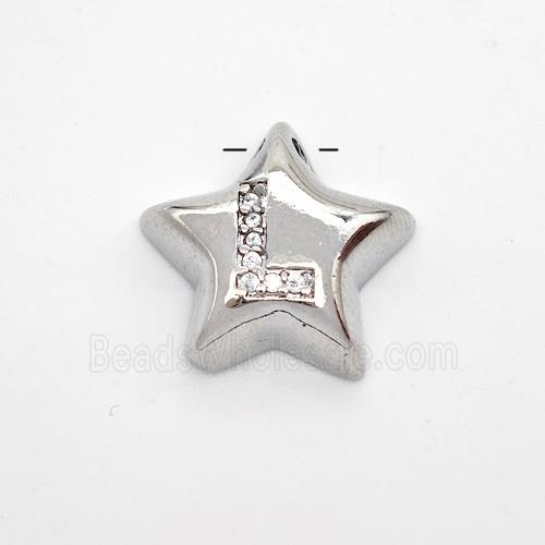 Copper Star Pendant Pave Zirconia Letter-L Large Hole Platinum Plated