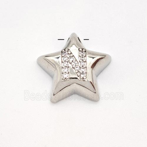 Copper Star Pendant Pave Zirconia Letter-N Large Hole Platinum Plated