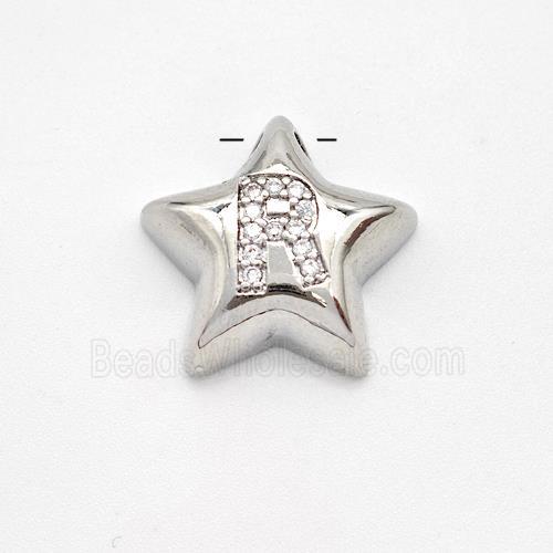 Copper Star Pendant Pave Zirconia Letter-R Large Hole Platinum Plated
