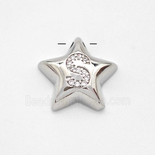 Copper Star Pendant Pave Zirconia Letter-S Large Hole Platinum Plated