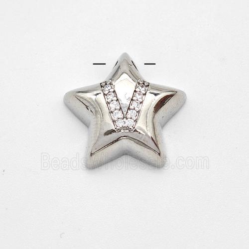 Copper Star Pendant Pave Zirconia Letter-V Large Hole Platinum Plated