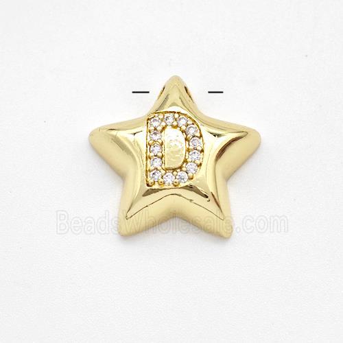 Copper Star Pendant Pave Zirconia Letter-D Large Hole Gold Plated