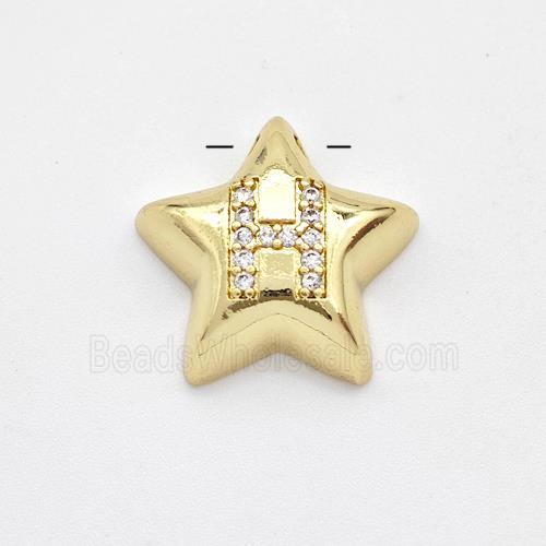 Copper Star Pendant Pave Zirconia Letter-H Large Hole Gold Plated