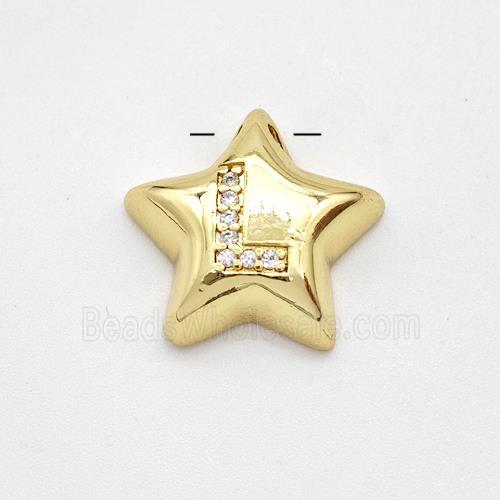 Copper Star Pendant Pave Zirconia Letter-L Large Hole Gold Plated